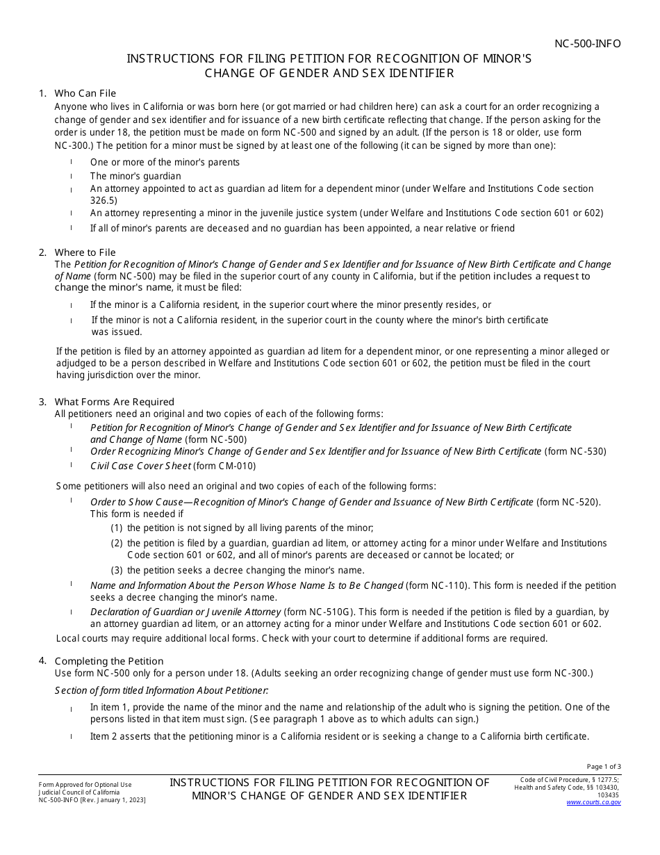 Instructions for Form NC-500 Petition for Recognition of Minors Change of Gender and Sex Identifier and for Issuance of New Birth Certificate and Change of Name - California, Page 1