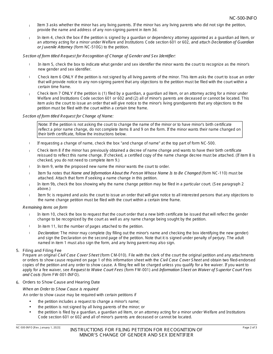 Instructions for Form NC-500 Petition for Recognition of Minors Change of Gender and Sex Identifier and for Issuance of New Birth Certificate and Change of Name - California, Page 2
