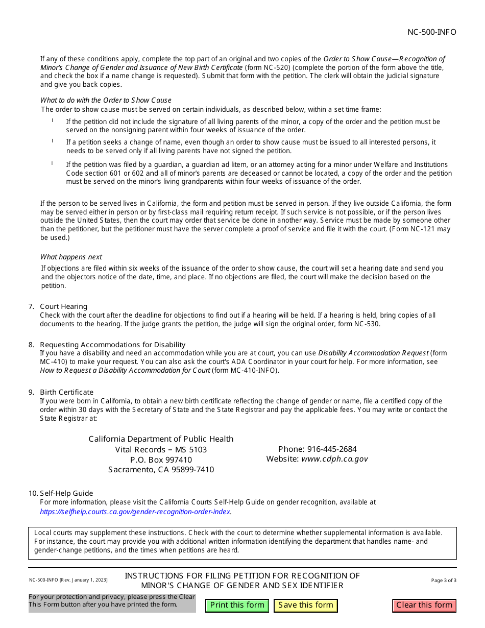 Instructions for Form NC-500 Petition for Recognition of Minors Change of Gender and Sex Identifier and for Issuance of New Birth Certificate and Change of Name - California, Page 3