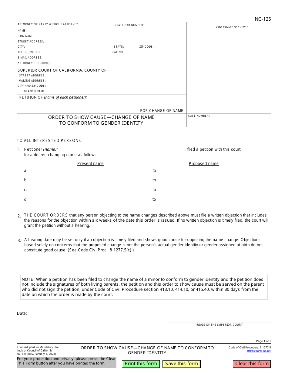 Form NC-125 Order to Show Cause - Change of Name to Conform to Gender Identity - California, Page 1