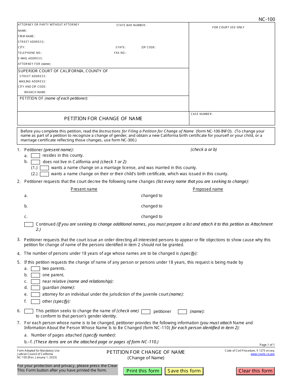 Form NC-100 Petition for Change of Name - California, Page 1