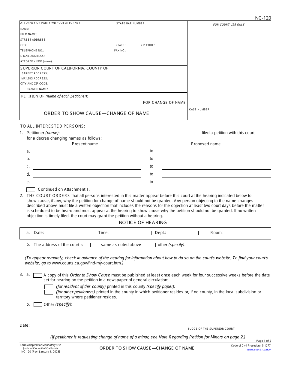 Form NC-120 Order to Show Cause - Change of Name - California, Page 1