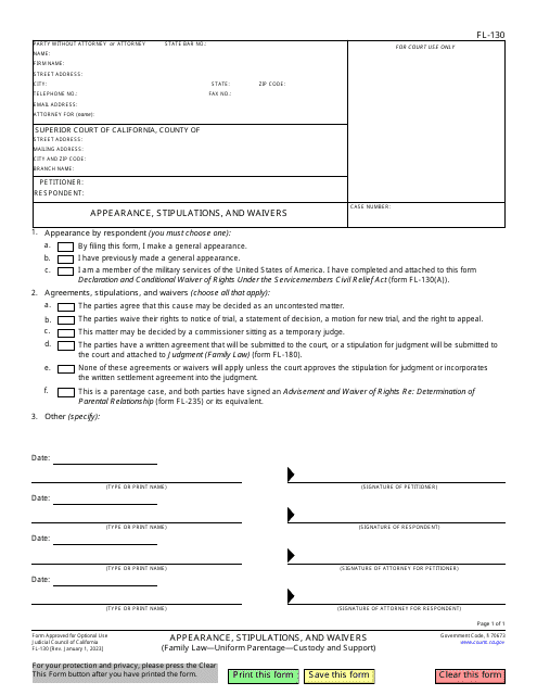 Form FL-130 Appearance, Stipulations, and Waivers - California