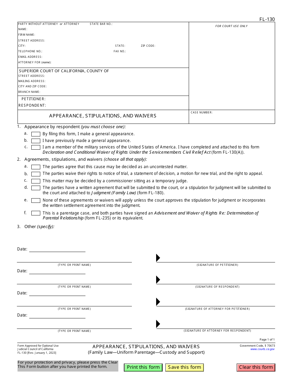 Form FL-130 Appearance, Stipulations, and Waivers - California, Page 1