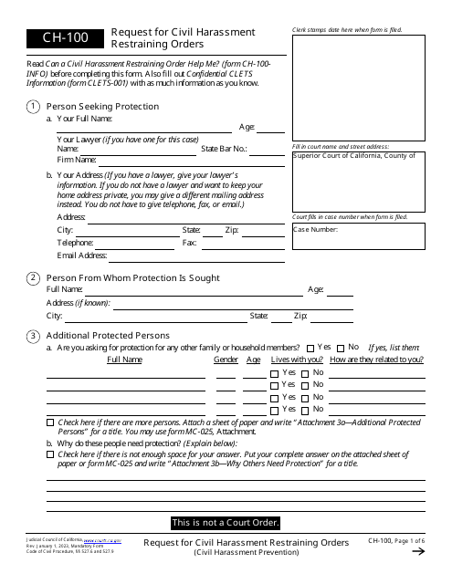Form CH-100 Request for Civil Harassment Restraining Orders - California