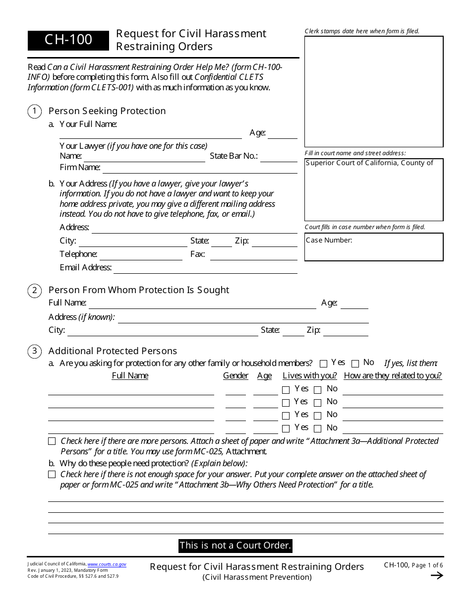 Form CH-100 Request for Civil Harassment Restraining Orders - California, Page 1