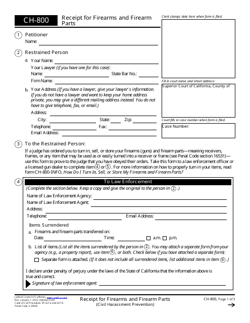 Form CH-800 Receipt for Firearms and Firearm Parts - California