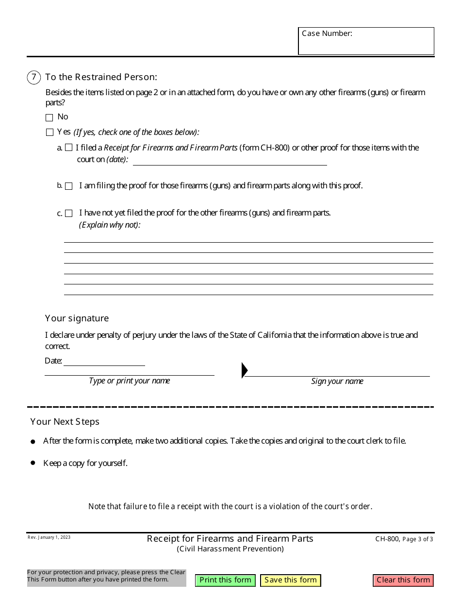 Form CH-800 Receipt for Firearms and Firearm Parts - California, Page 3
