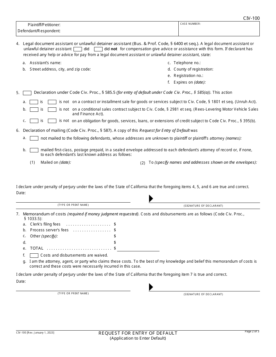 Form CIV-100 Download Fillable PDF or Fill Online Request for Entry of ...