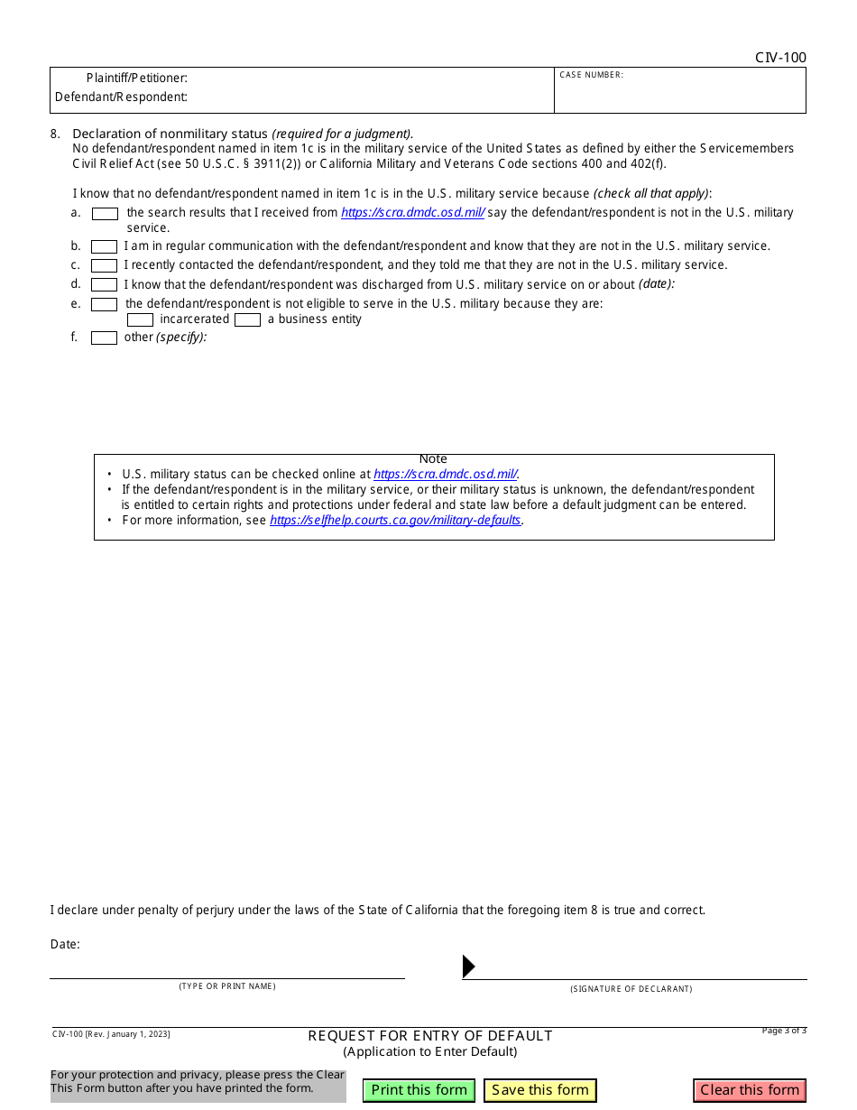 Form civ 100 download fillable pdf or fill online request for entry of