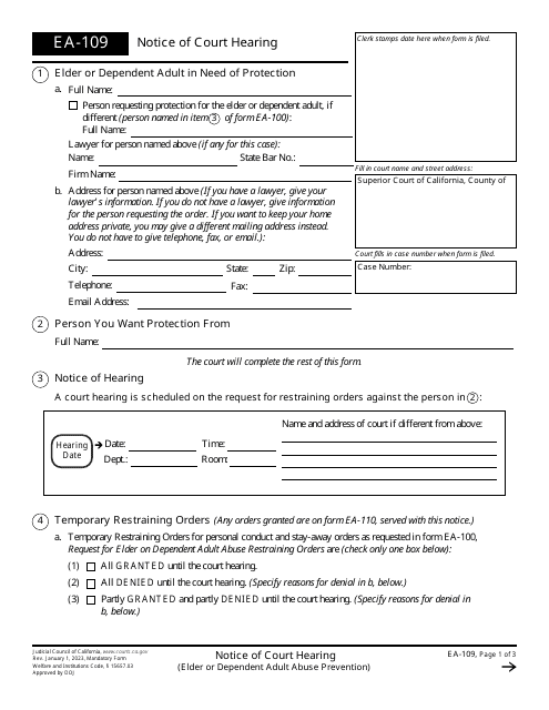 Form EA-109  Printable Pdf