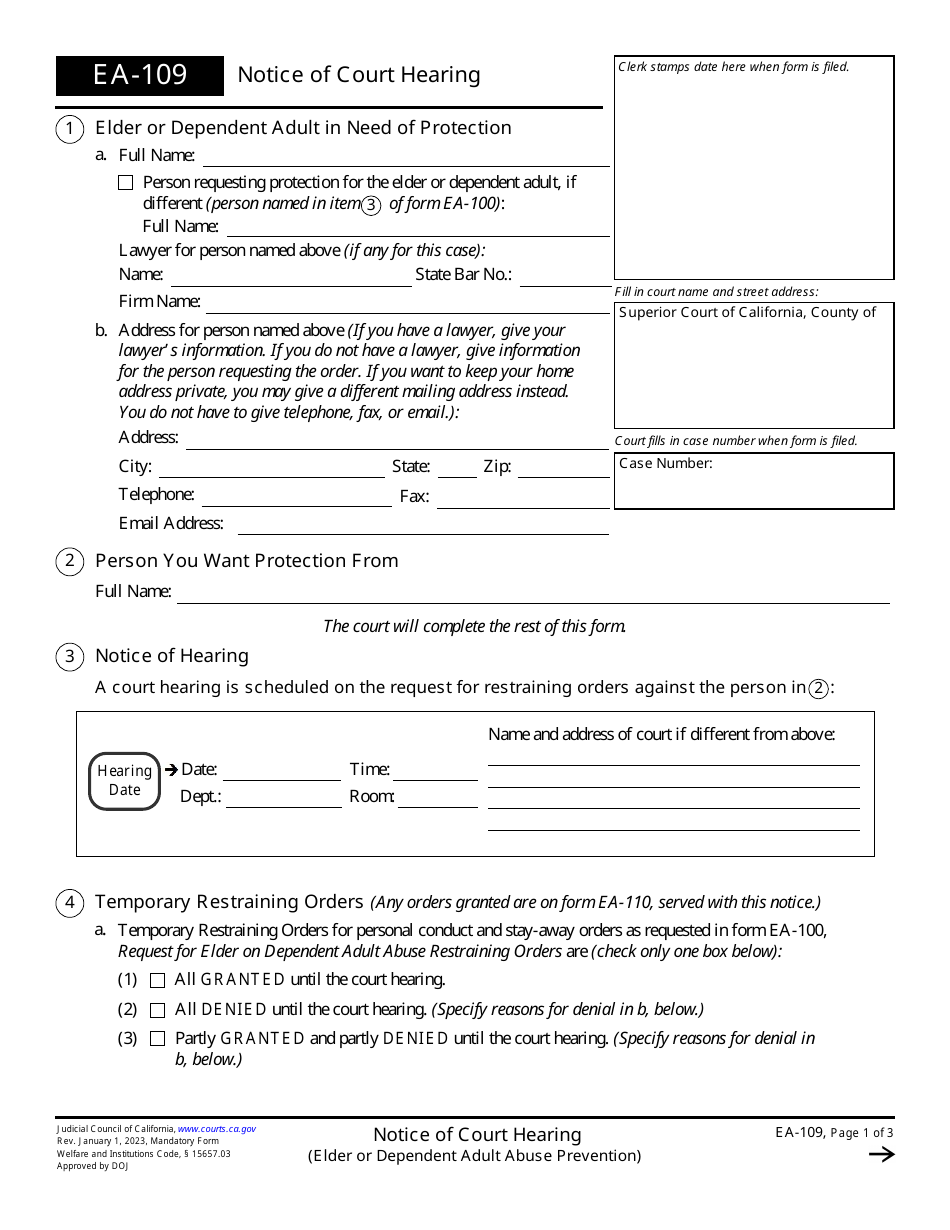 Form EA-109 Notice of Court Hearing - California, Page 1