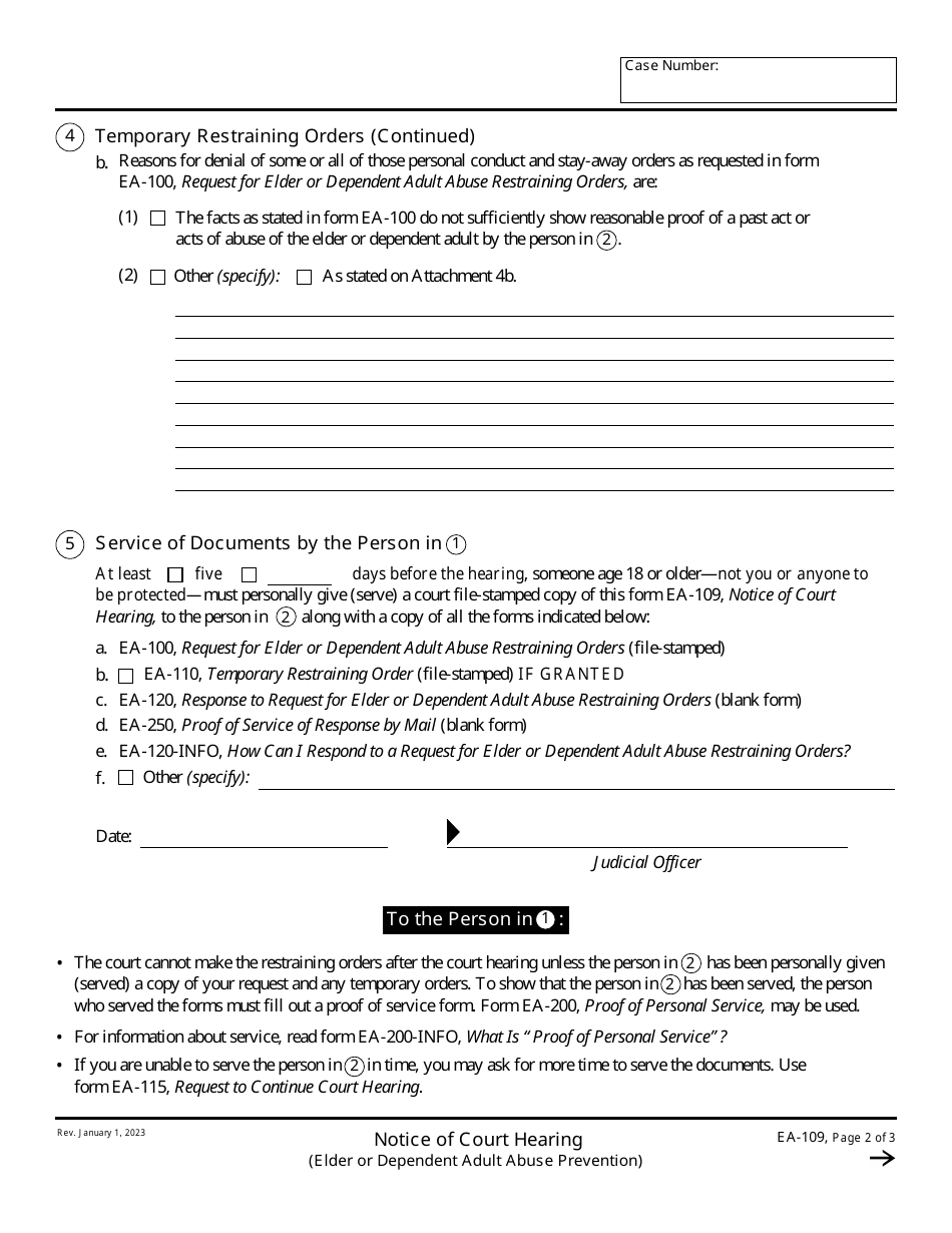 Form EA-109 Notice of Court Hearing - California, Page 2