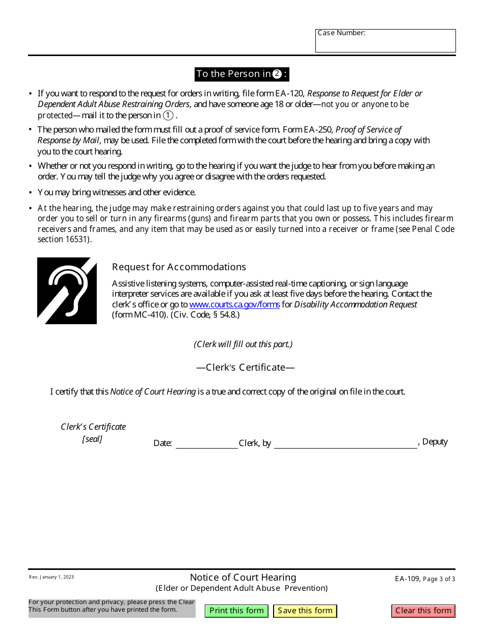 Form EA-109 Notice of Court Hearing - California, Page 3
