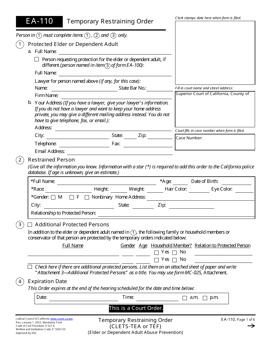 Form EA-110 Temporary Restraining Order (Clets-Tea or Tef) (Elder or Dependent Adult Abuse Prevention) - California, Page 1