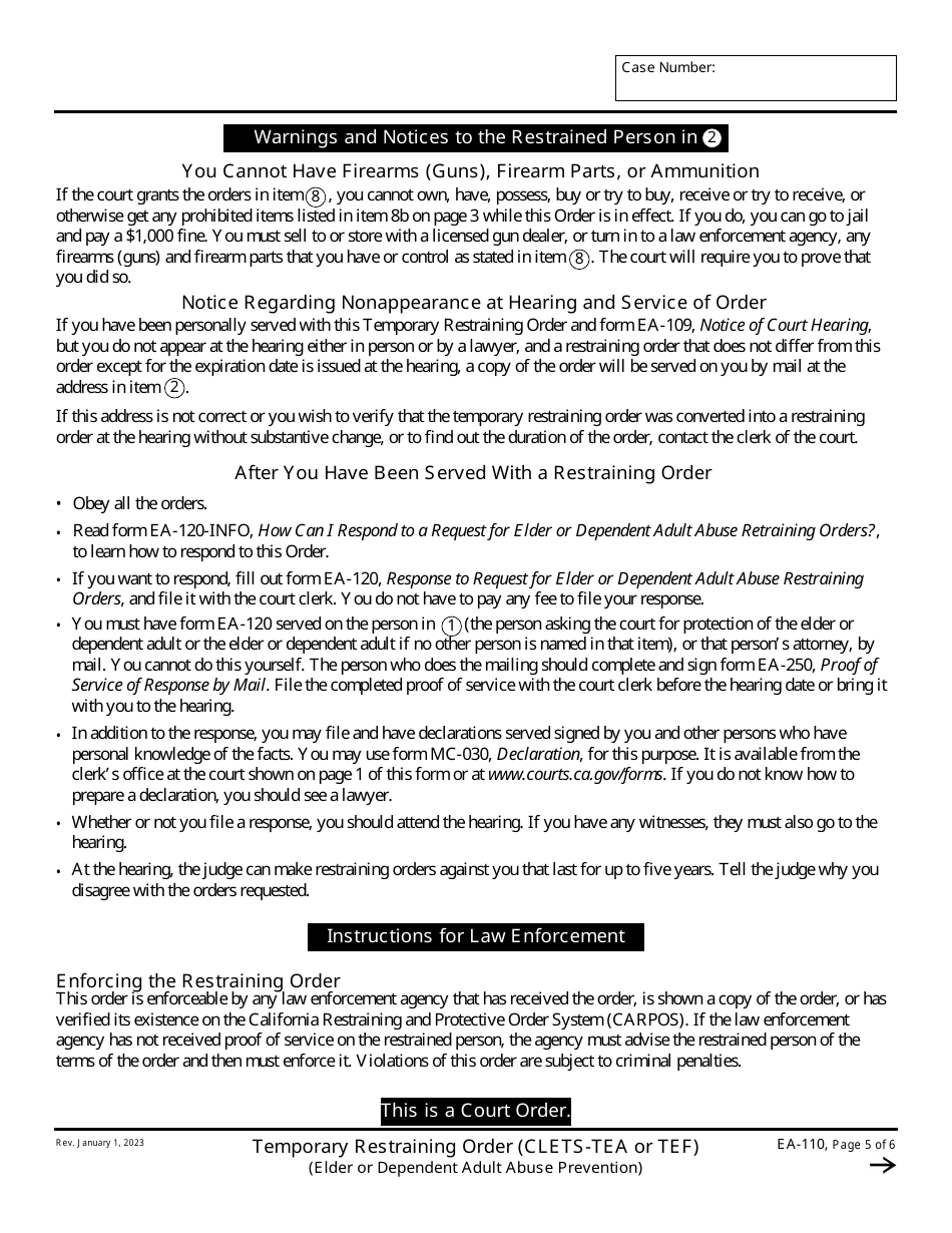 Form EA-110 Download Fillable PDF or Fill Online Temporary Restraining ...