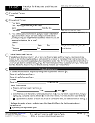 Document preview: Form EA-800 Receipt for Firearms and Firearm Parts (Elder or Dependent Adult Abuse Prevention) - California