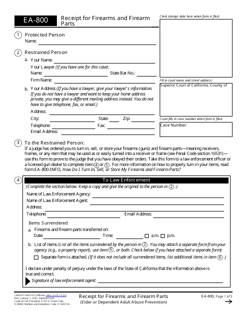 Form EA-800 Receipt for Firearms and Firearm Parts (Elder or Dependent Adult Abuse Prevention) - California