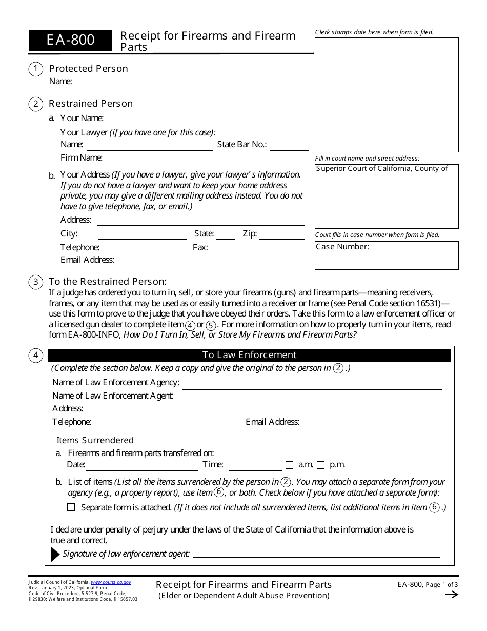 Form EA-800 Receipt for Firearms and Firearm Parts (Elder or Dependent Adult Abuse Prevention) - California, Page 1