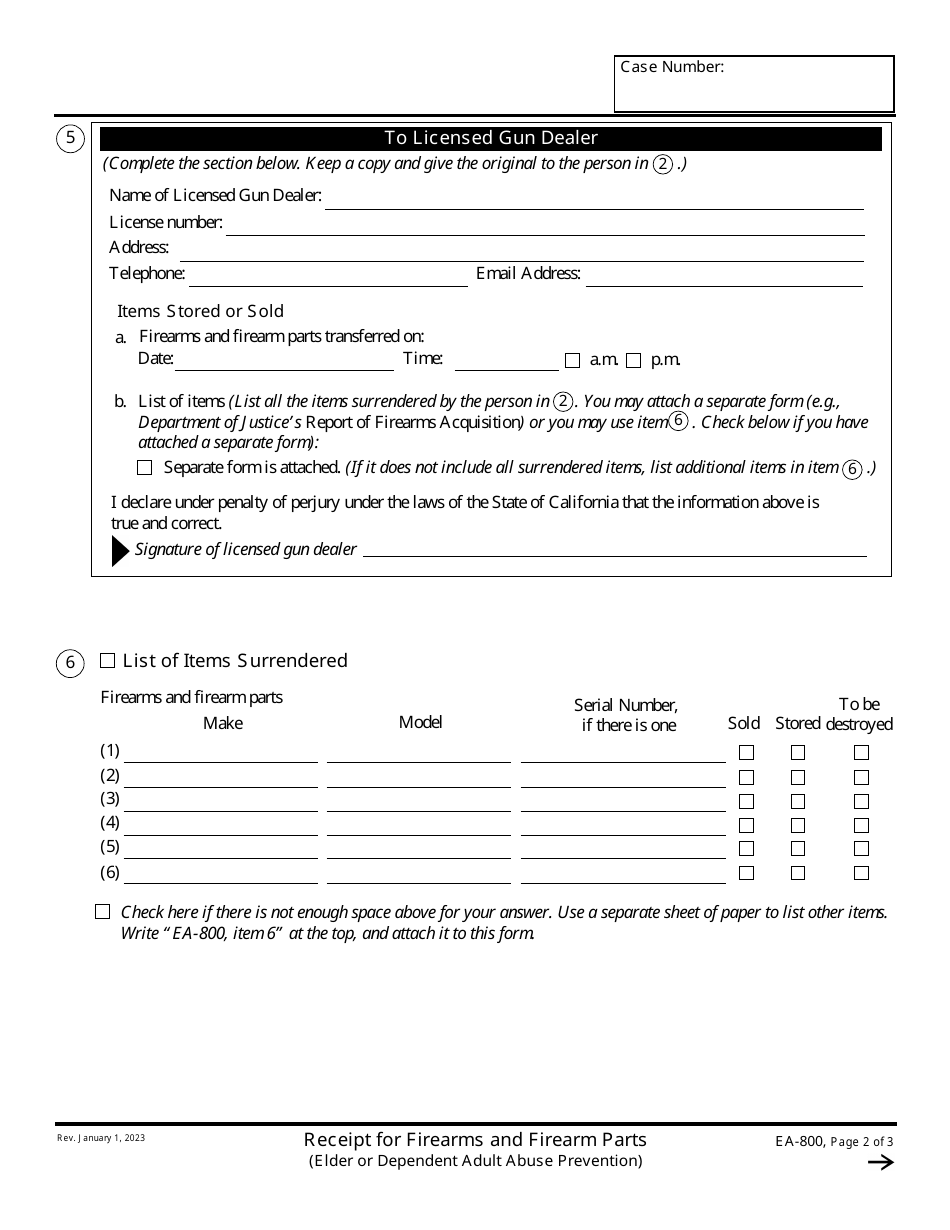 Form EA-800 Receipt for Firearms and Firearm Parts (Elder or Dependent Adult Abuse Prevention) - California, Page 2