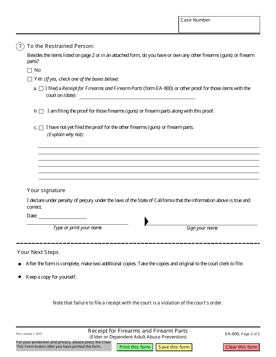 Form EA-800 Receipt for Firearms and Firearm Parts (Elder or Dependent Adult Abuse Prevention) - California, Page 3