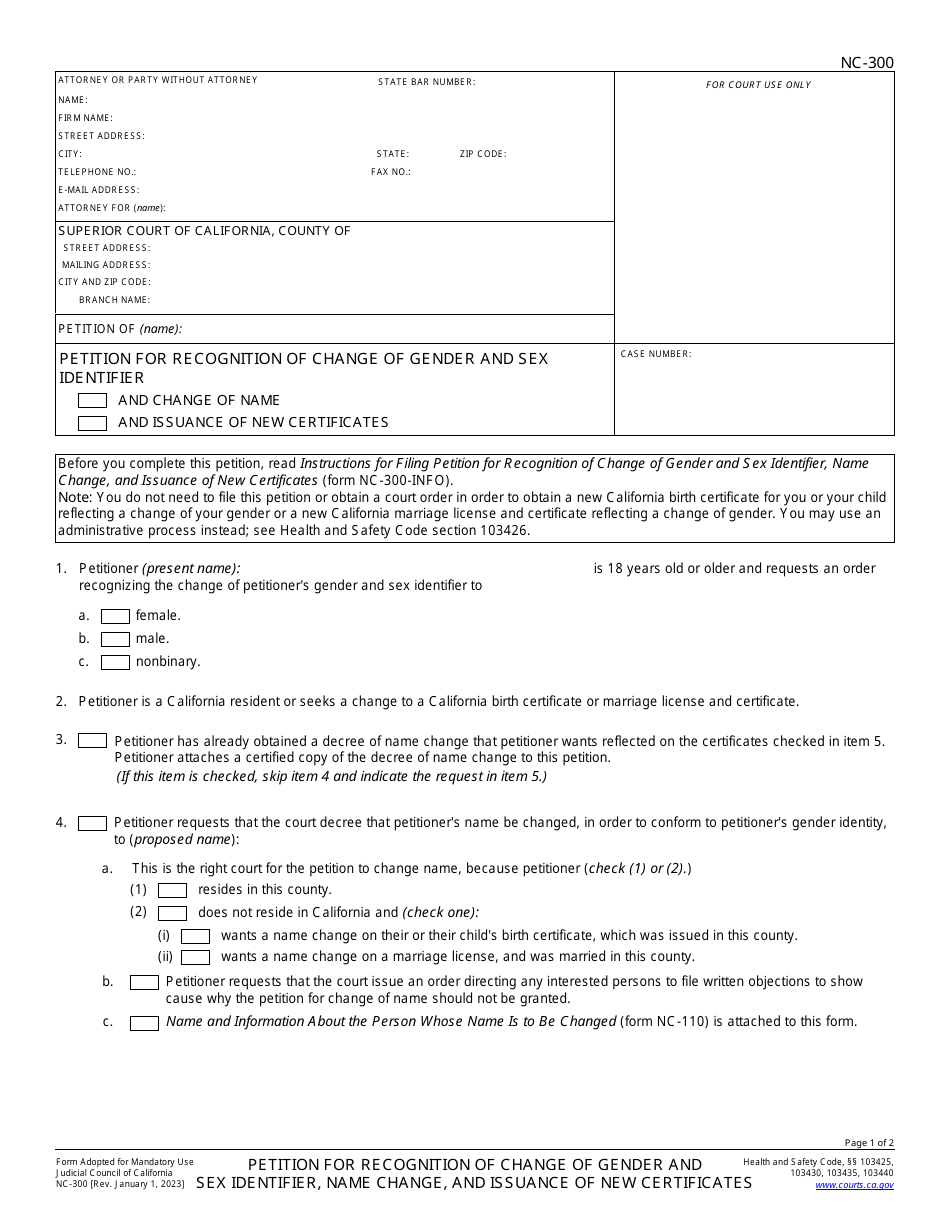 Form NC-300 Petition for Recognition of Change of Gender and Sex Identifier, Name Change, and Issuance of New Certificates - California, Page 1