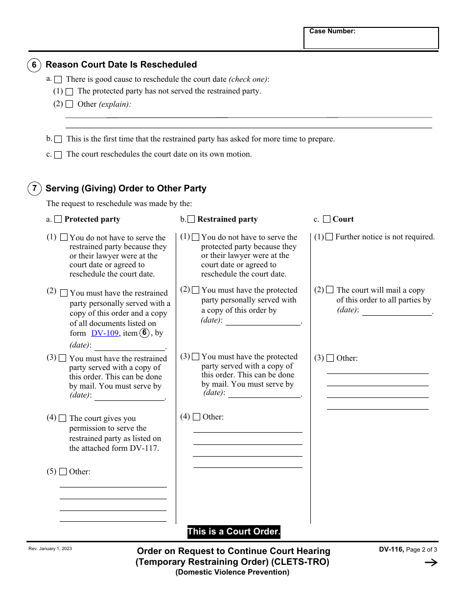 Form DV-116 Order on Request to Continue Hearing (Temporary Restraining Order) (Clets-Tro) (Domestic Violence Prevention) - California, Page 2