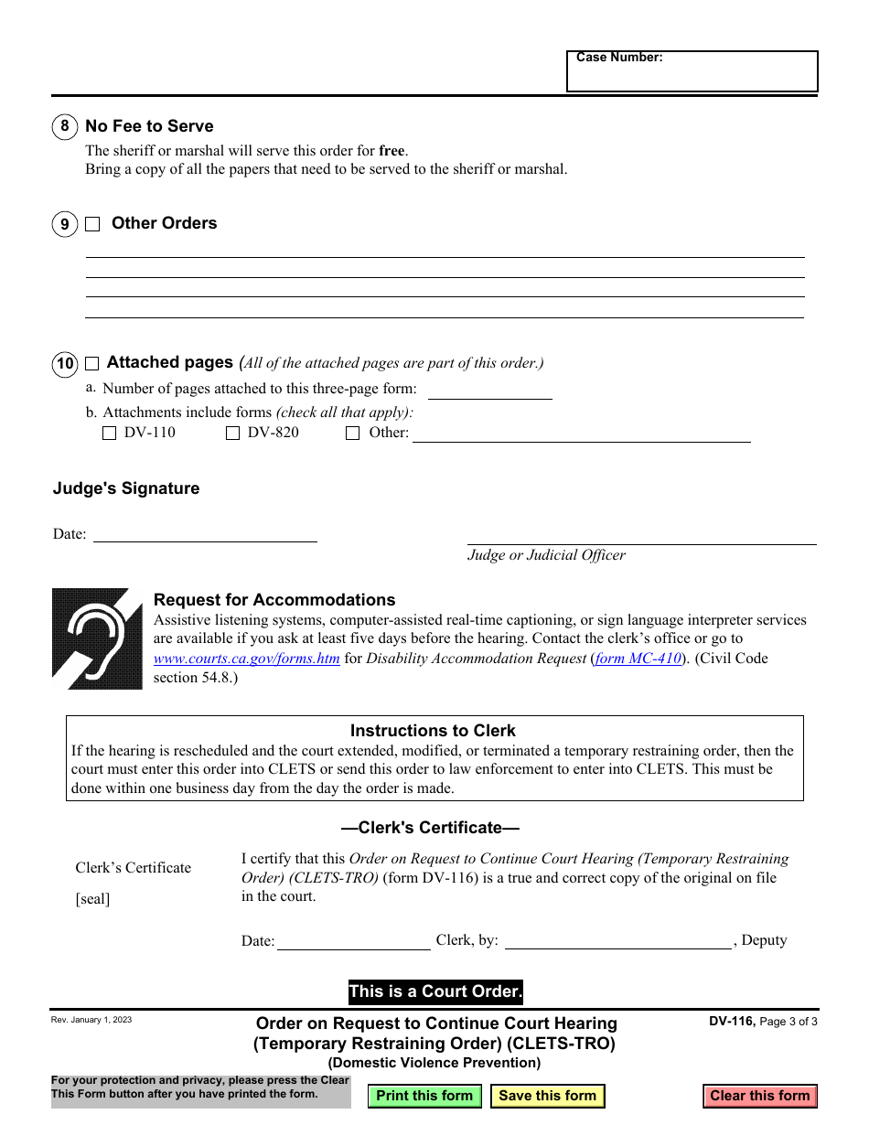 Form DV-116 Order on Request to Continue Hearing (Temporary Restraining Order) (Clets-Tro) (Domestic Violence Prevention) - California, Page 3