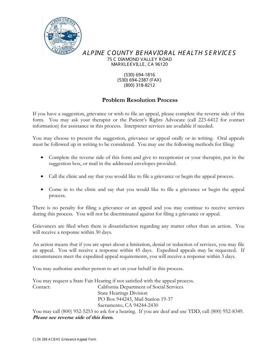 Form CLIN288 Problem Resolution Process - Alpine County, California, Page 1