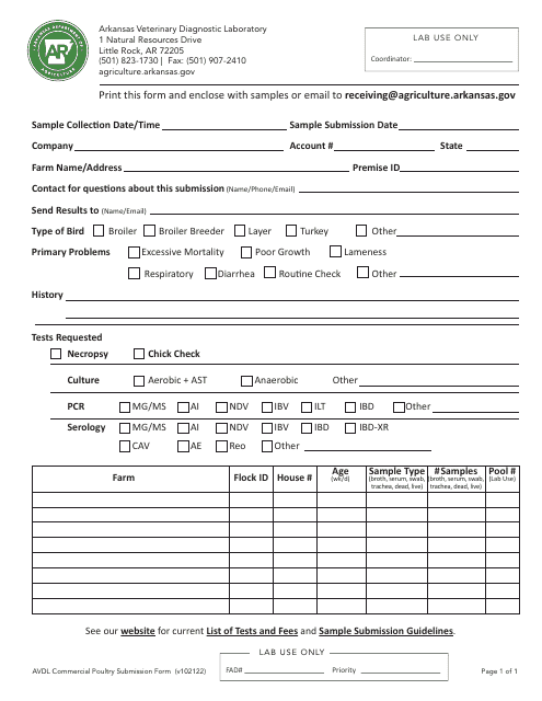 Avdl Commercial Poultry Submission Form - Arkansas Download Pdf
