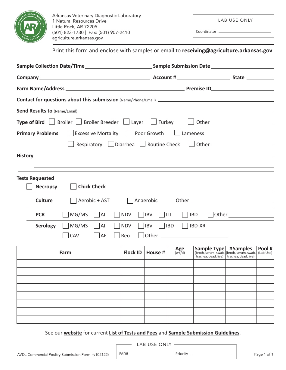 Avdl Commercial Poultry Submission Form - Arkansas, Page 1