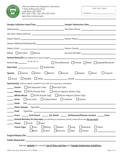 Form 25960 Avdl Lab Submission Form - Arkansas