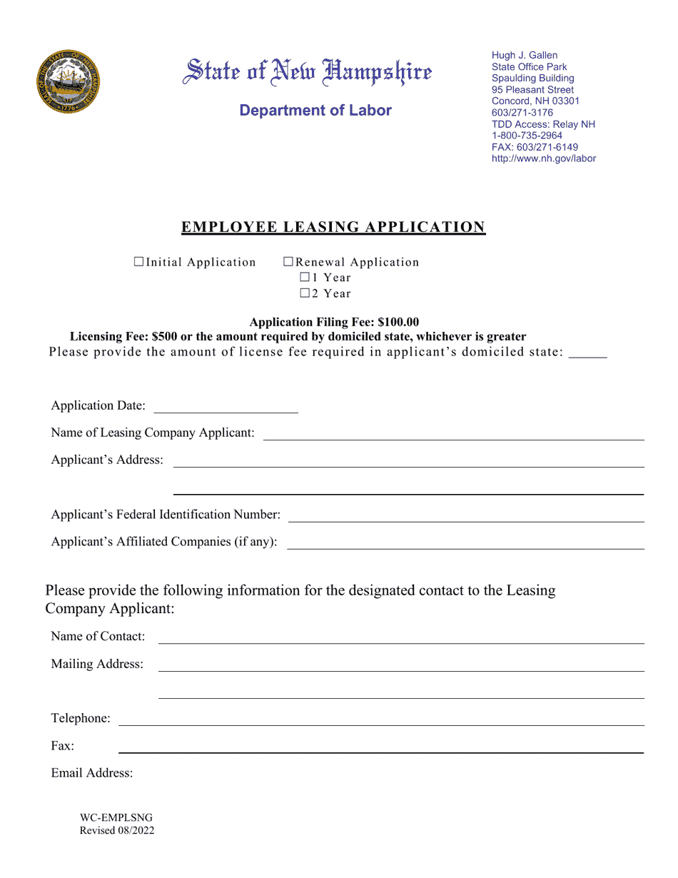 Employee Leasing Application - New Hampshire, Page 1