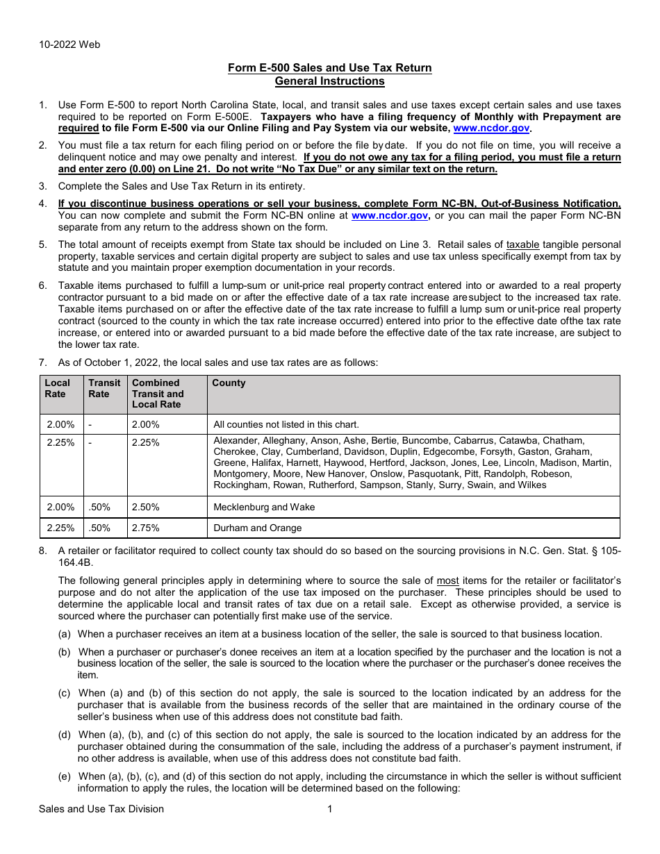 Instructions for Form E-500 Sales and Use Tax Return - North Carolina, Page 1