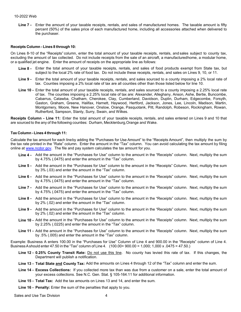Instructions for Form E-500 Sales and Use Tax Return - North Carolina, Page 4