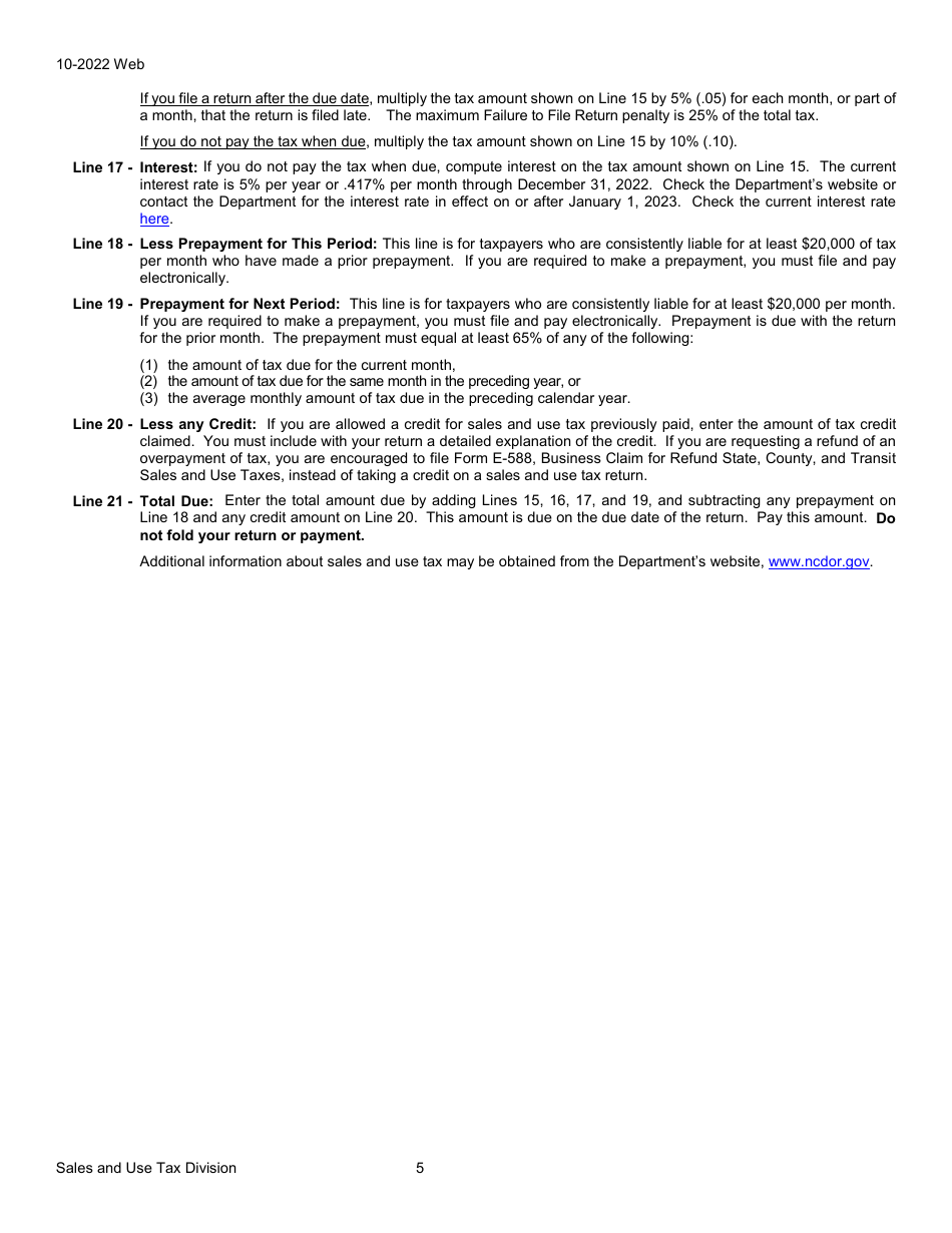 Instructions for Form E-500 Sales and Use Tax Return - North Carolina, Page 5