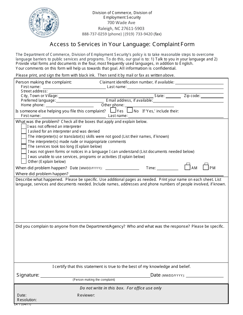 Form LA1 Access to Services in Your Language: Complaint Form - North Carolina, Page 2