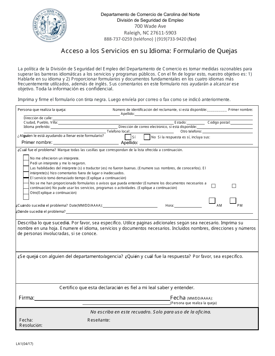 Formulario LA1 Acceso a Los Servicios En Su Idioma: Formulario De Quejas - North Carolina (Spanish), Page 2