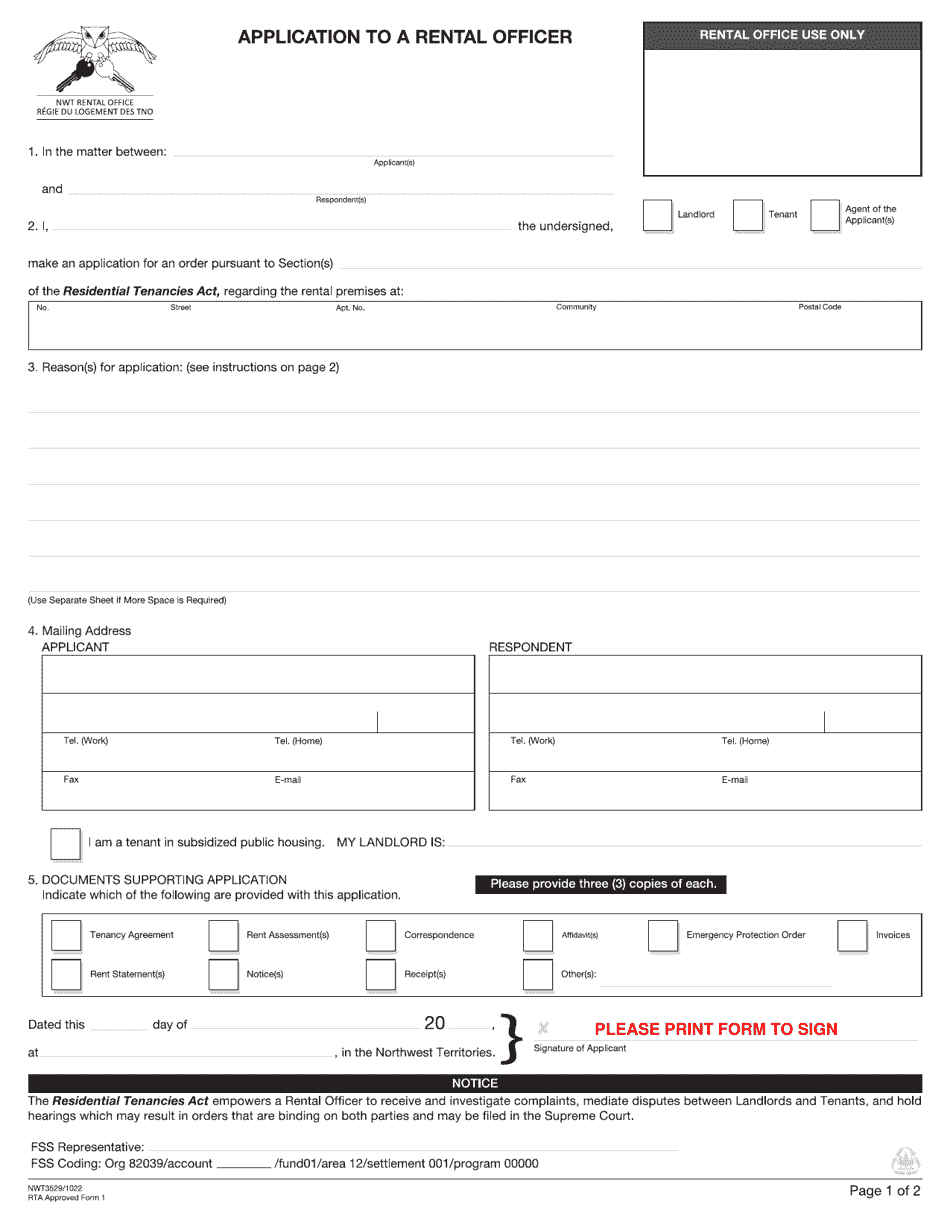 Form NWT3529 Application to a Rental Officer - Northwest Territories, Canada, Page 1