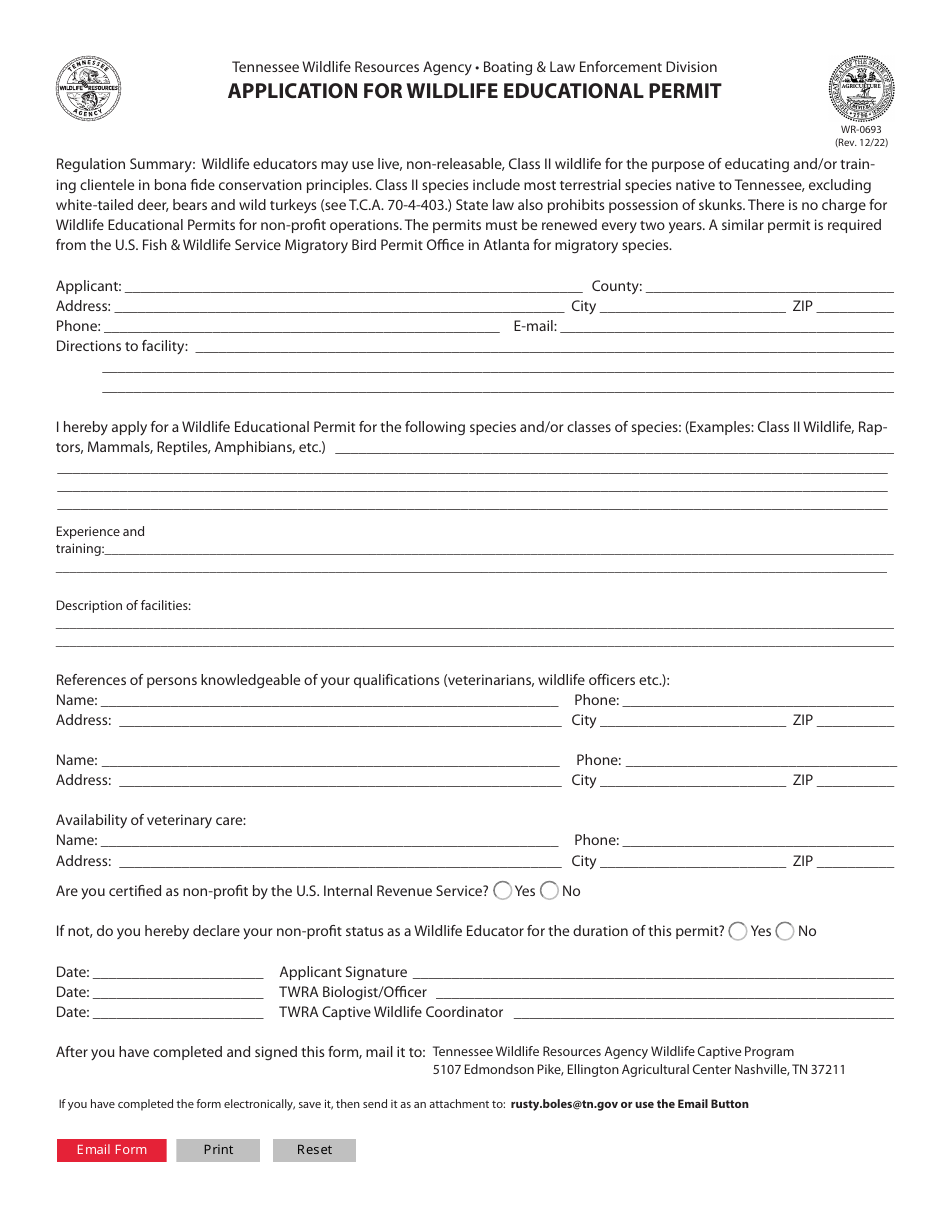 Form WR-0693 Application for Wildlife Educational Permit - Tennessee, Page 1