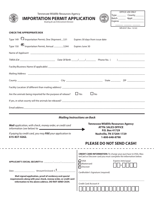 Form WR-0547 Importation Permit Application - Tennessee