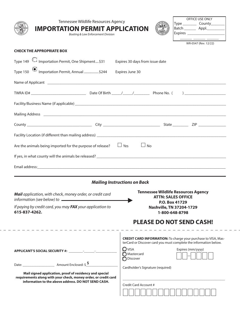 Form WR-0547 Importation Permit Application - Tennessee, Page 1