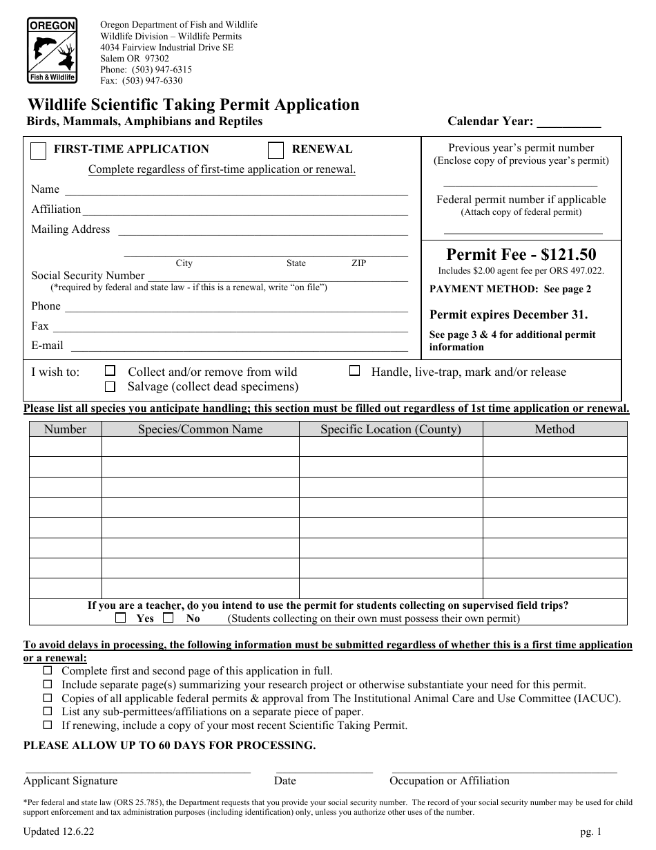 Wildlife Scientific Taking Permit Application - Birds, Mammals, Amphibians and Reptiles - Oregon, Page 1