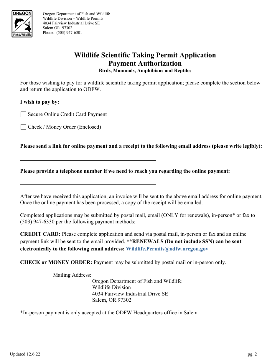 Wildlife Scientific Taking Permit Application - Birds, Mammals, Amphibians and Reptiles - Oregon, Page 2