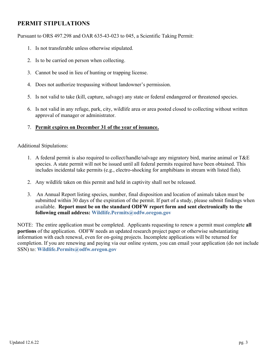 Wildlife Scientific Taking Permit Application - Birds, Mammals, Amphibians and Reptiles - Oregon, Page 3