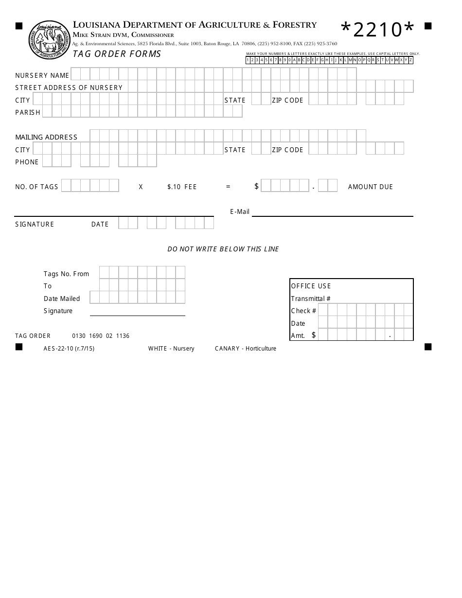 Form AES-22-10 Tag Order Forms - Louisiana, Page 1