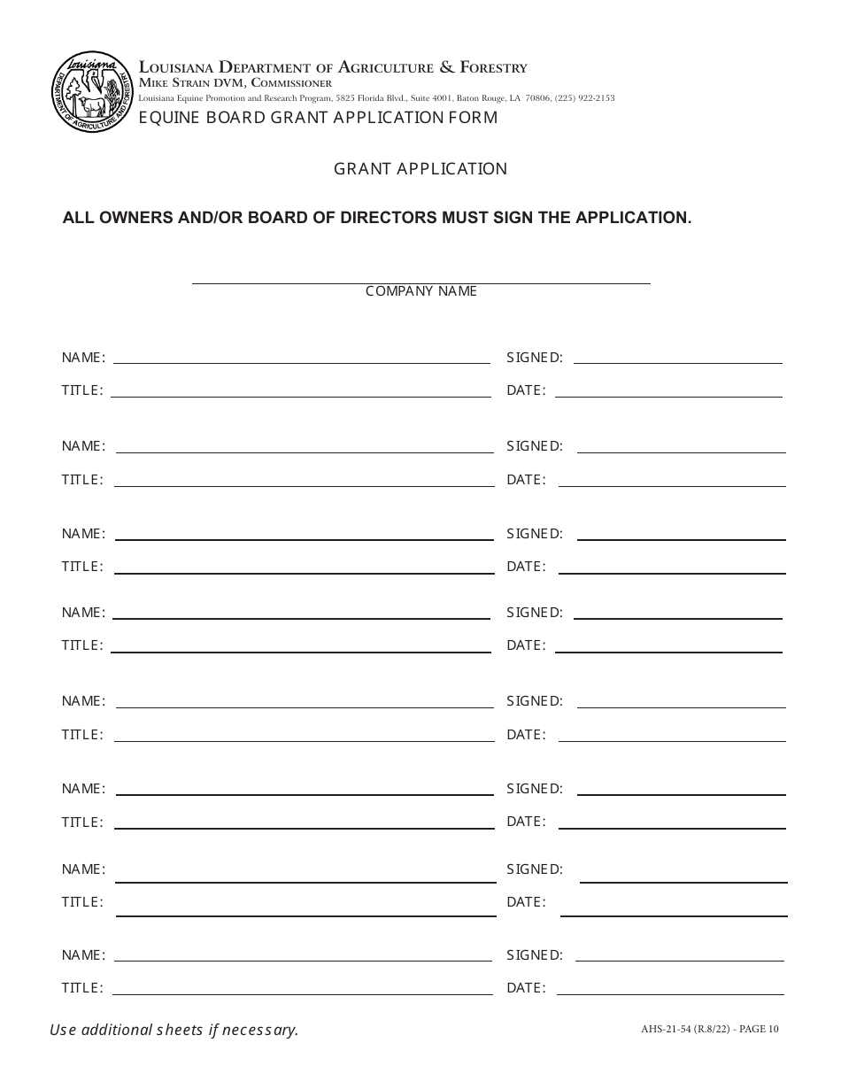 Form AHS-21-54 Equine Board Grant Application Form - Louisiana, Page 10