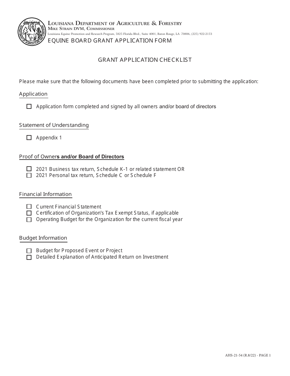Form AHS-21-54 Equine Board Grant Application Form - Louisiana, Page 1