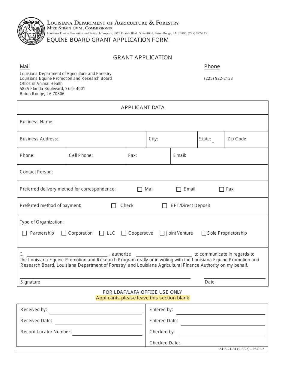 Form AHS-21-54 Equine Board Grant Application Form - Louisiana, Page 2