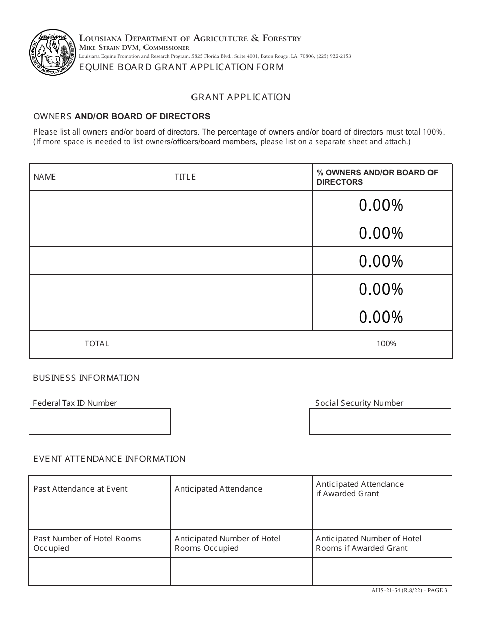 Form AHS-21-54 Equine Board Grant Application Form - Louisiana, Page 3